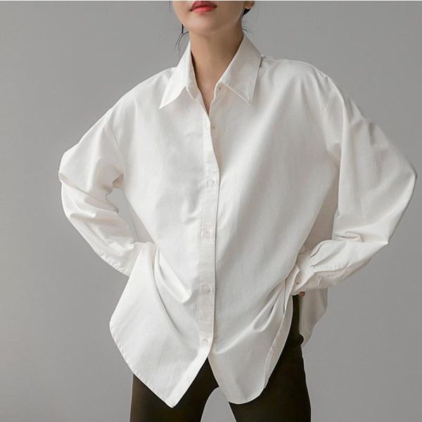 

yourseason spring autumn loose ladies and shirts 2021 korean turn down collar long sleeve button irregular blouses, White