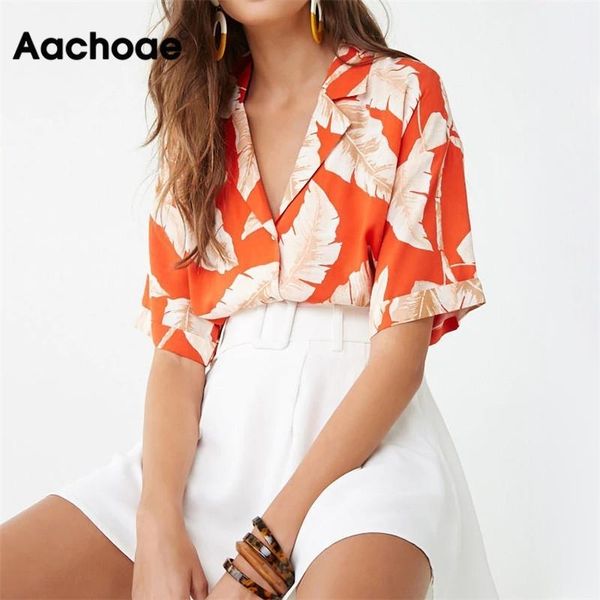 

aachoae summer blouse women short sleeve blouse casual boho style floral print turn down collar office shirt plus size y200622, White