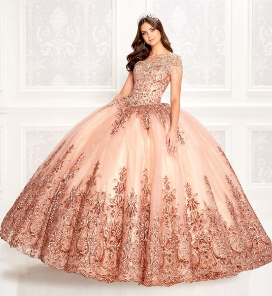 Venda quente de luxo Quinceanera Vestidos Jóia Pescoço Promessado Vestido Lace Appliqued Glitter Girled Girls Pageant Vestidos De Ball Doce 16 Vestidos