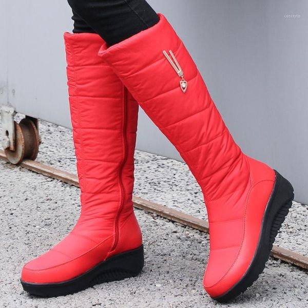 

women snow mid-calf boots winter new infilling cotton waterproof pu surface wedges heels plus size shoes black red blue 42 43 441