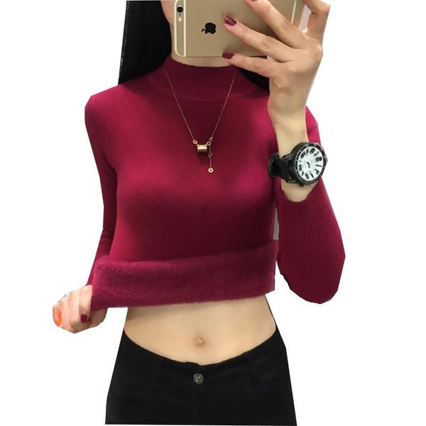 

turtleneck sweater bottoming shirt women plus velvet thick knit sweater in autumn and winter wear warm slim top, White;black