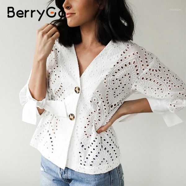 

berrygo casual solid white women cutout blouse elegant lantern sleeve v-neck female shirt embroidered ladies short work blouse1
