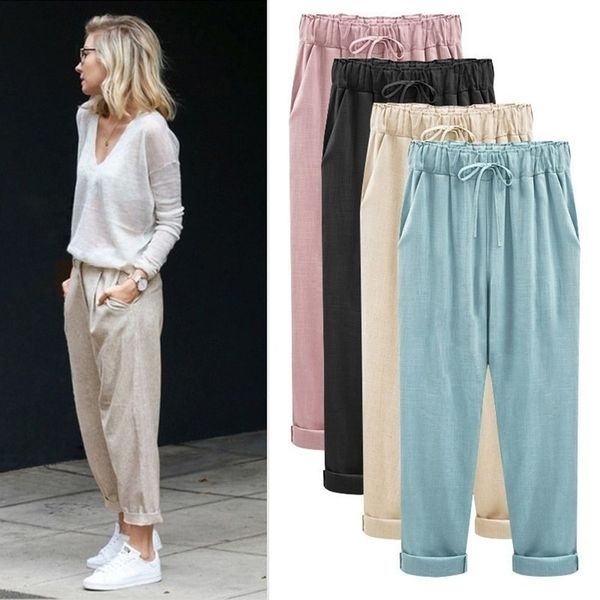 

zogaa plus size women pants casual ankle length trousers solid elastic cotton linen cropped pants hip hop loose harem pants 201031, Black;white