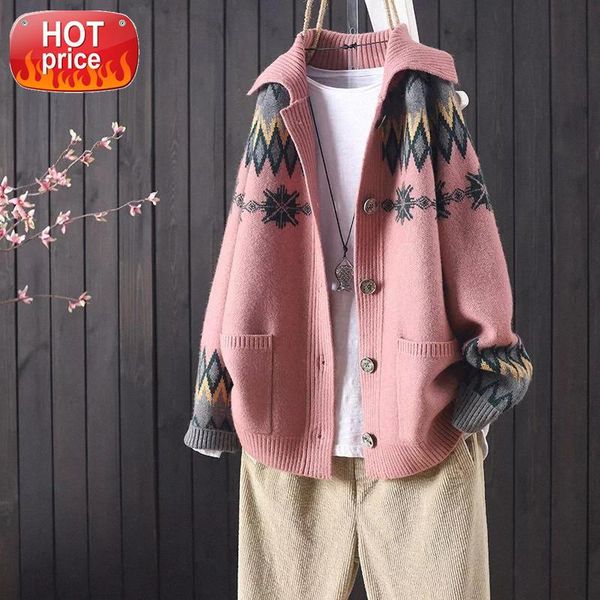 

2020 female autumn and winter knitted button jacquard pocket long sleeve knitted cardigan women commuter art sweater coat #ii0z, White