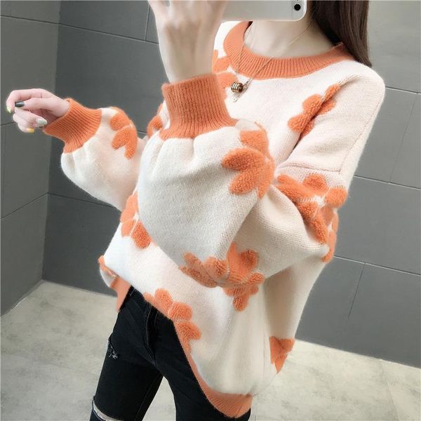 

2021 womens sweater spring and autumn solid color embroidery long sleeved round neck knit thick warm drop shipping, White;black