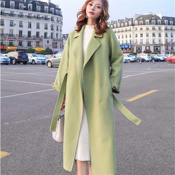 

women's wool & blends 2021 fashion autumn winter coat women woolen coats with belt overcoats long windbreaker jackets outerwear cothes, Black