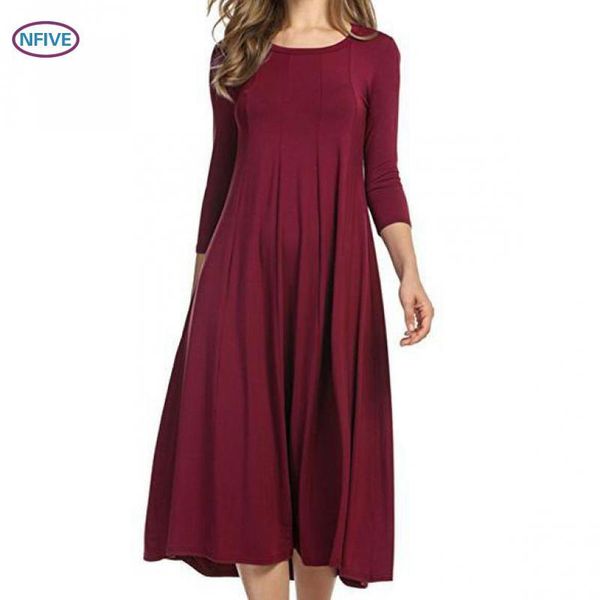 

nfive brand 2020 women loose long dresses european american spring new three quarter sleeve vestidos solid color casual dress, Black;gray
