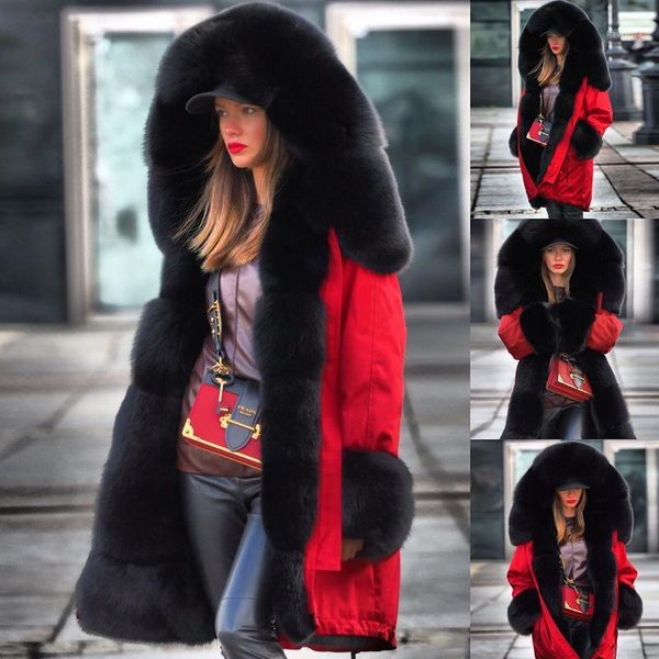 

women plus size winter jacket coat hooded overcoat cotton coat women faux fur warm parka women's thick furs long1, Black
