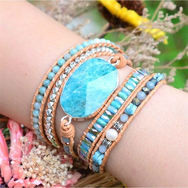 

womens wrap bracelet amazonite crystal 5 times leather strap bracelets multilayers statement bracelet dropshipping y200107, Golden;silver