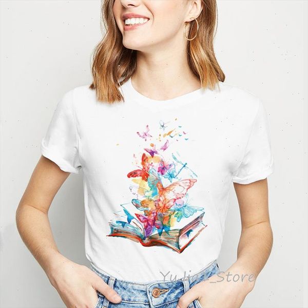 

watercolor butterflies book print novelty tee shirt femme kawaii tshirt women summer female t shirt camisas mujer t shirt, White
