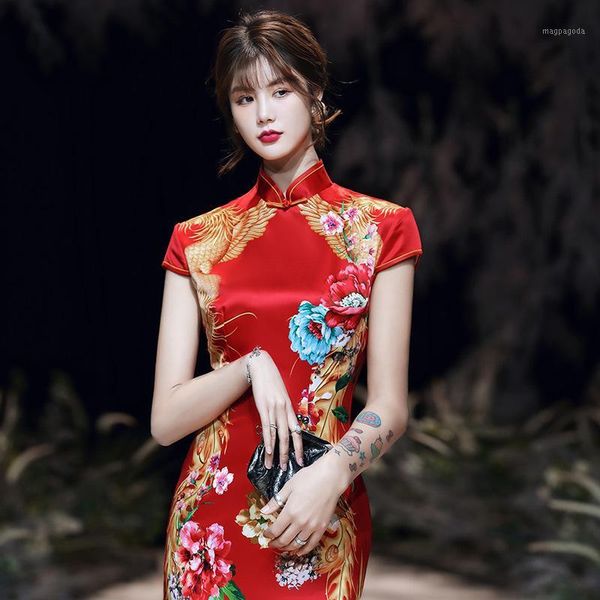 

oversize women chinese wedding dress cheongsam traditional satin silk red print new year retro prom party long qipao s-4xl1