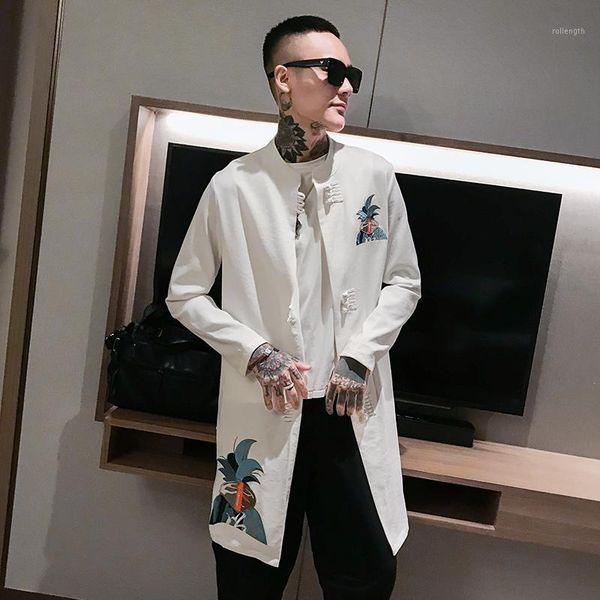 

chinese style long jackets mens red casacos longos 2019 autumn long coat mens mandarin collar men jacket summer white new jacket1, Tan;black