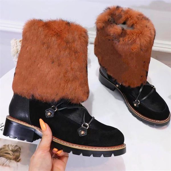 

splice fur snow boots metal decoration winter boots cross lace-up leather thick heel short platform women shoes, Black