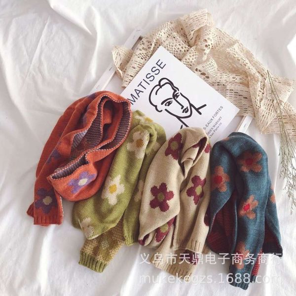 

colorful flower children's knitting scarf cover, versatile korean in autumn and winter, warm baby's wool neck, Red;brown