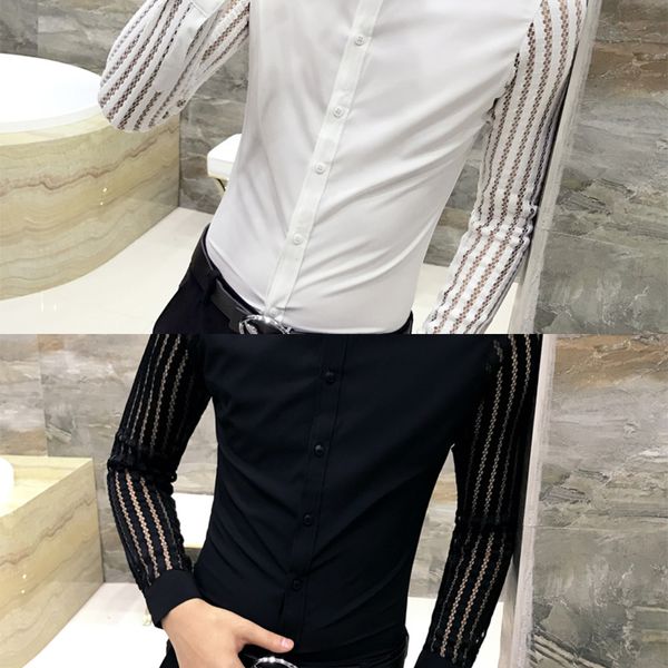 

spring autumn new men lace perspective shirt party prom hollow long sleeve tuxedo shirt trend slim nightclub casual social shirt c1210, White;black