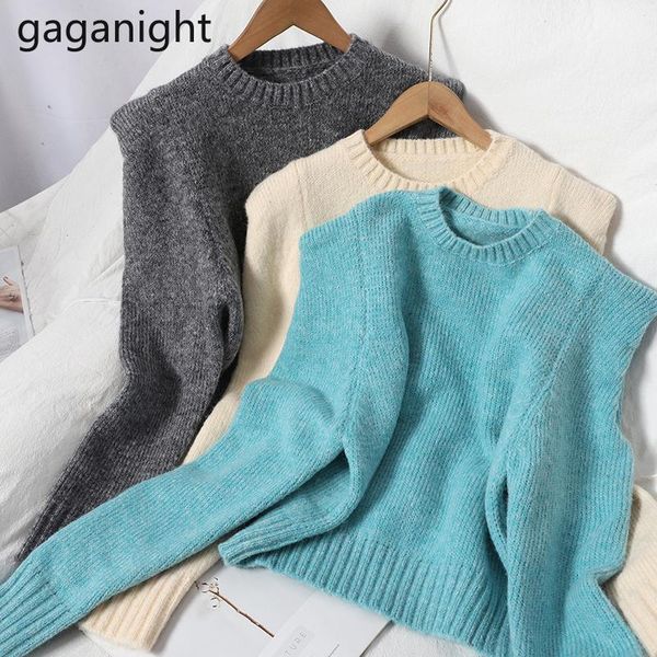 

women's sweaters gaganight fashion korean women sweater winter puff sleeve short knited pullovers lady chic solid o-neck loose, White;black