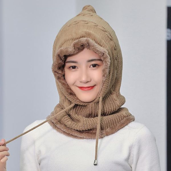 

beanie/skull caps winter cotton hat warm thick ear neck protection beanies women men 2 layer hooded collar removable drawstring cap, Blue;gray