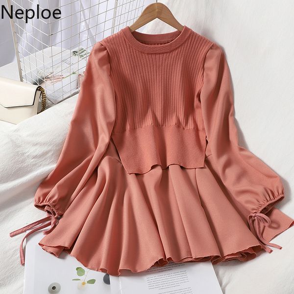 

neploe patchwork fake two sweater dress women 2020 fall clothes woman robe temperament solid knit mini dresses korean vestidos y0118, Black;gray