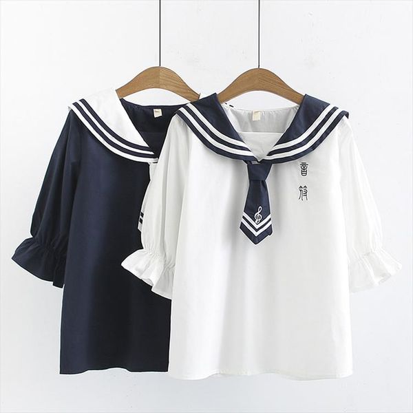 

blusas mulher elegantes blouses woman 2020 mori girls summer japanese style kawaii sailor collar navy blue white letters shirt