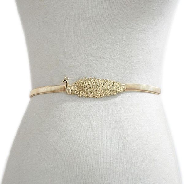 

fashion narrow stretch gold waist belt metal belts for women golden peacock waistband elastic belt for dresses, Black;brown