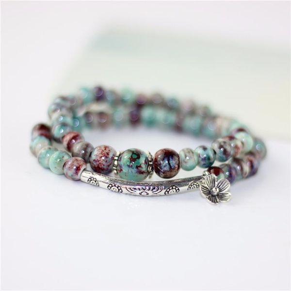 

charm bracelets flower ceramic beads double natural stone handmade accessories bronze porcelain statement bangles fashion gift, Golden;silver