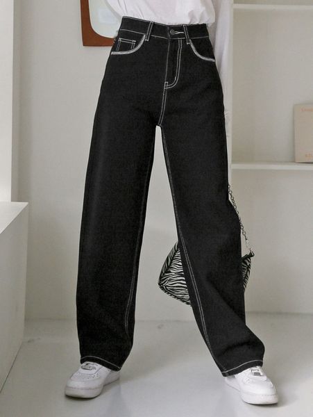 

dazy high waist stitching straight leg jeans 31at#, Blue