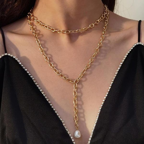 

Gothic Long Chains Pearl Pedant Necklace for Women Hip-Hop Punk Couple Men Necklace Cuban Chains Choker Jewelry, Silver