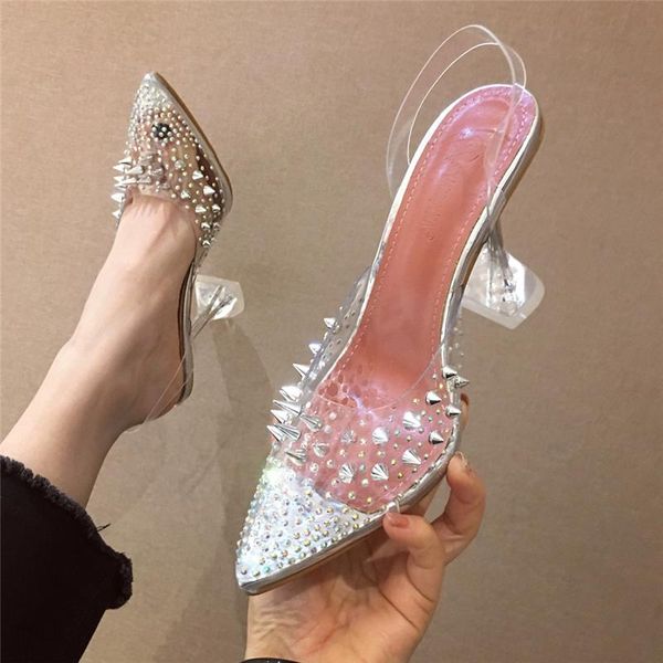 

2021 summer new women transperant crystal clear high heels sandals designer metal chain closed toe pvc pointed party shoes, Black