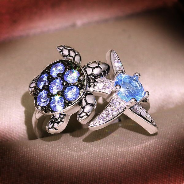 

npkds female summer jewelry banquet wedding rings creative inlaid sea blue zircon turtle starfish ring for women banquet jewelry, Golden