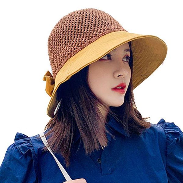 

wide brim hats women contrast color sun hat weave straw patchwork bowknot foldable beach cap t8nb, Blue;gray