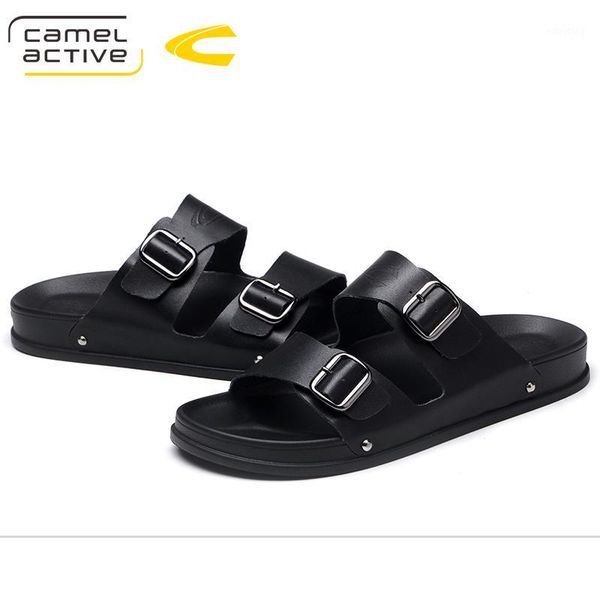 

camel active brand 2020 new summer massage genuine leather slides slippers men shoes casual fashion male beach shoes soft cross1, Black