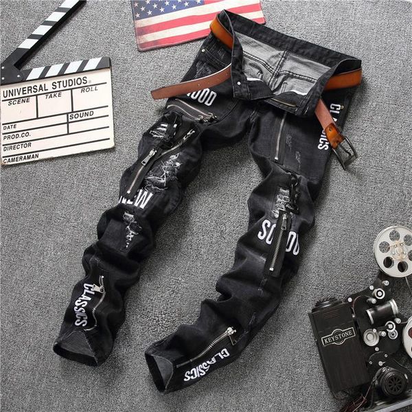 

men's ripped jeans pants slim fit black denim joggers male distressed destroyed fake zippers spliced long trousers1, Blue