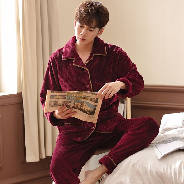 

pajamas men autumn & coral veet thickening dad warm flannel winter style homewear set, Black;brown