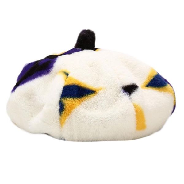 

women winter fluffy plush warm octagonal beret cap colorful graffiti letters printing vintage artist painter beanis hat, Blue;gray
