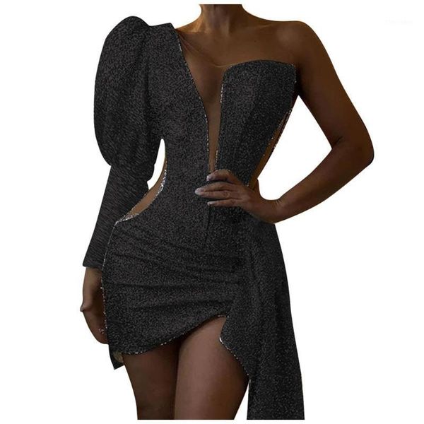 

casual dresses elegant dress in women long sleeve strapless shoulder mesh stitch irregular mini evening party 2021 fashion1, Black;gray