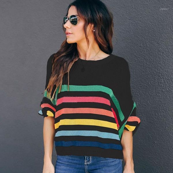 

women's stitching fashion color striped sweater loose sweater1, White;black