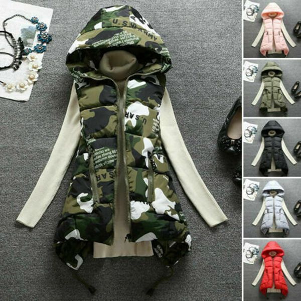 

women's winter long camouflage vest warm hooded jacket waistcoat cotton coat, White