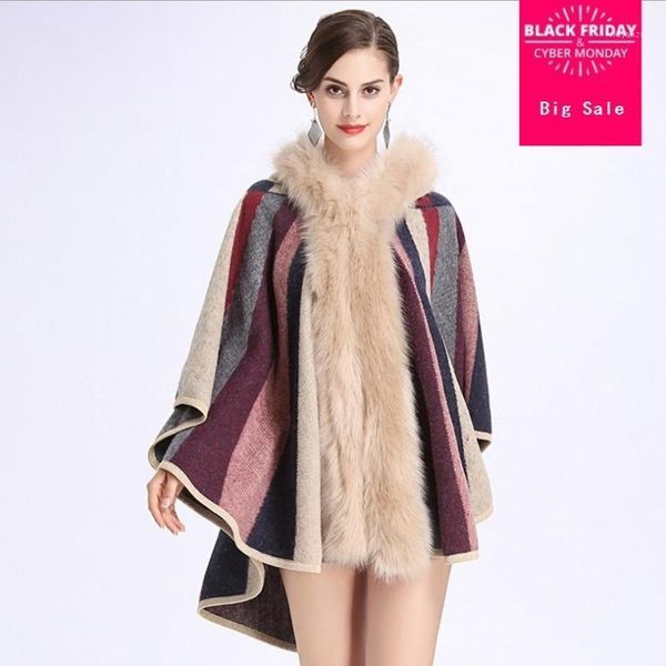 

faux fur collar hooded cloak coat 2020 autumn winter fashion knitted cardigan wool cashmere sweater womens capes l12451, Black