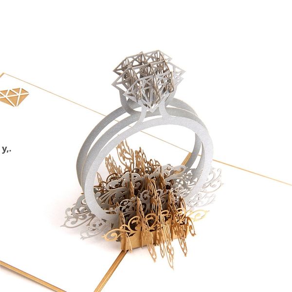 Ouro do laser do ouro anel 3d pop up casamento convites de casamento dia dos namorados romântico para o amante cartão cartão presente RRE13214