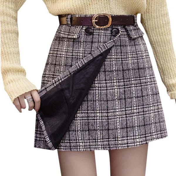 

woolen cloth lattice skirt autumn winter 2020 fashionable slim plus size s-5xl plaid skirt double-breasted belt a line skirts1, Black