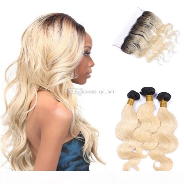 

ear to ear full lace frontal with ombre color brazilian body wave human hair bundles with lace frontal 13x4, Black;brown