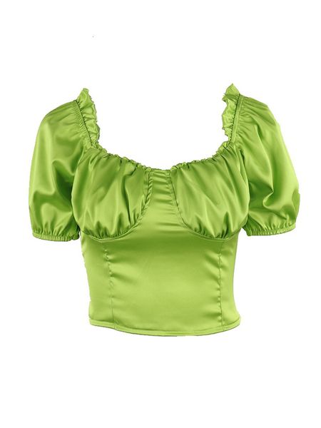 

2021 new french vintage fluorescent green silk short-sleeve square turtleneck thin t-shirt 45em, White