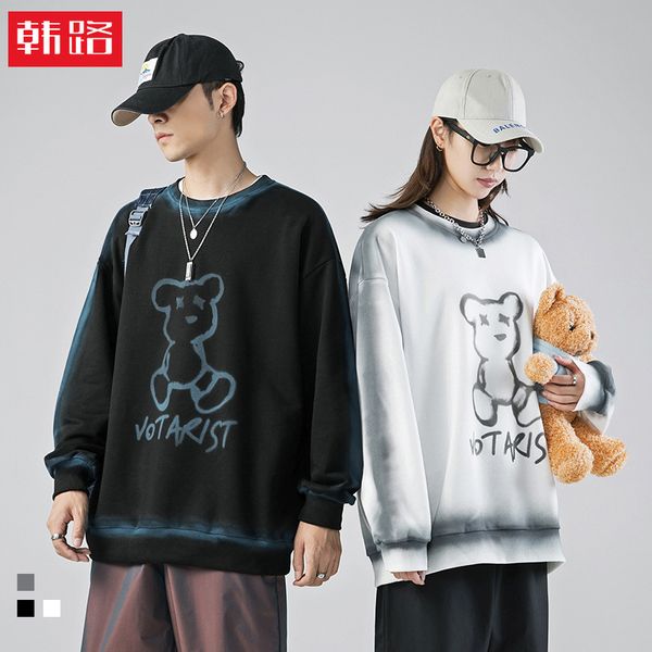 

hanlu men's 2020 autumn and winter new harajuku style bodyguard men's hand painted bear tide brand spray printing process q, Black