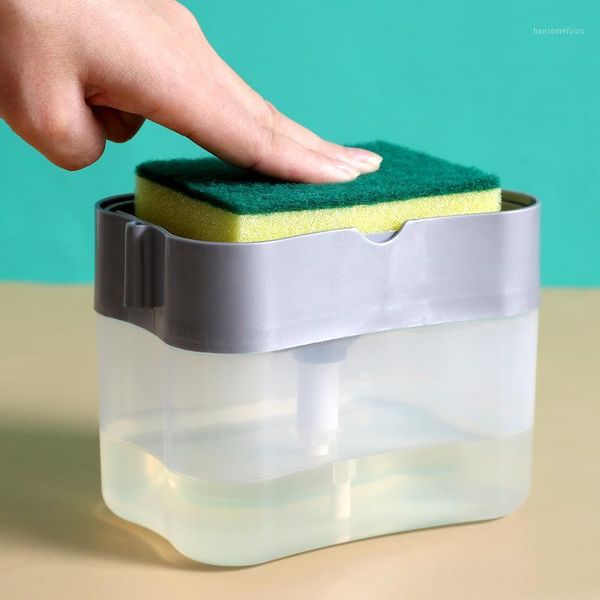 

soap pump dispenser with sponge holder cleaning liquid container manual press organizer kitchen cleaner tool1