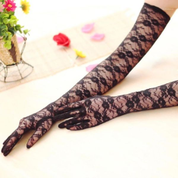 

five fingers gloves women lace long driving sun black white red floral hand mittens evening party1, Blue;gray