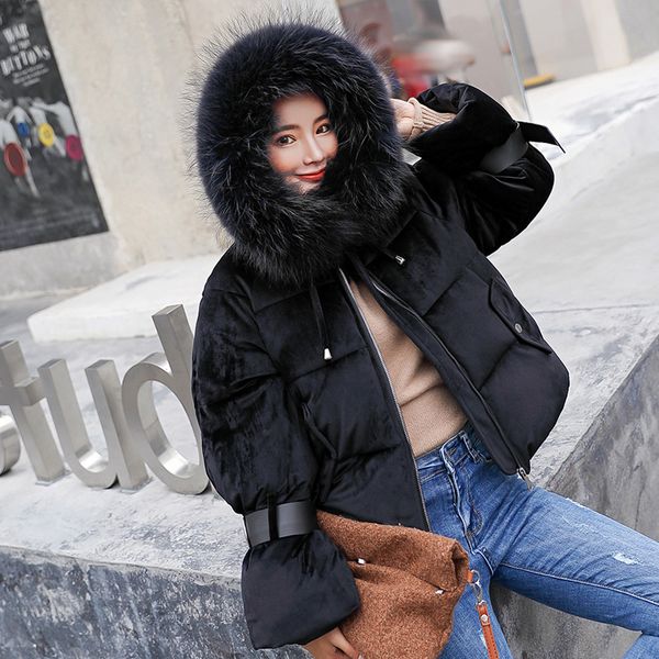 

golden plus size short parka solid winter bubble female jacket thick fur collar dames kleding lsl5, Black