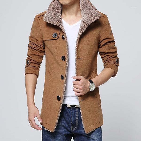 

men long wool no cap pocket coat warmth windproof jackets and coats slim fit windbreaker trench coat men plus size1, Tan;black