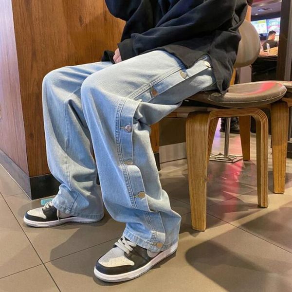 

men's jeans men loose straight leg pants teenager casual mouth kpop clothes hip hop wide long, Blue