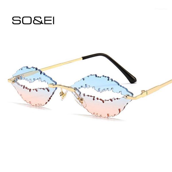 

so&ei fashion unique rimless lips shape sunglasses women retro clear ocean lens eyewear men oval hollow sun glasses shades uv4001, White;black