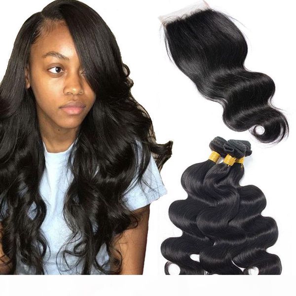

brazilian virgin body wave human hair bundles with closure 4 pcs a lot natural black brazilian virgin hair with lace closure, Black;brown